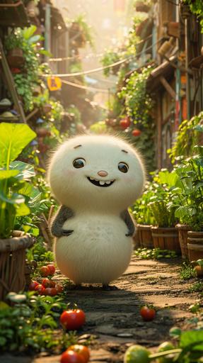 Portrait of a tall and whimsical isometric skeuomorphic white radish character with animated panda eyes and toothy smile in a vegetable patch illuminated during golden hour, naive, with delicate facial features and a big belly, Pixar style, maintaining consistency and unity, 3d, octane rendering, highly saturated colors 2 --v 6.0 --stylize 500 --ar 9:16
