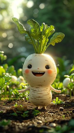 Portrait of a tall and whimsical isometric skeuomorphic white radish character with animated panda eyes and toothy smile in a vegetable patch illuminated during golden hour, naive, with delicate facial features and a big belly, Pixar style, maintaining consistency and unity, 3d, octane rendering, highly saturated colors 2 --v 6.0 --stylize 500 --ar 9:16