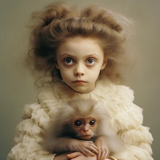 Portrait of a very cute, adorable monkey. animal portrait. Titi monkey. aotus monkey. Sitting on a stool. Huge eyes, enormous round eyes. I - d dazed editorial, Stella McCartney's fashion designs as photographed by Marta Bevacqua