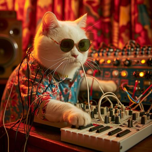 Portrait of a white cat wearing a floral shirt and sunglasses. The cat creates a sound patch by manipulating the many multi-colored cables of a modular synthesizer. Hyper realistic atmosphere. 70s wallpaper background. Photography, DSLR camera with wide-angle lens, --v 6.0