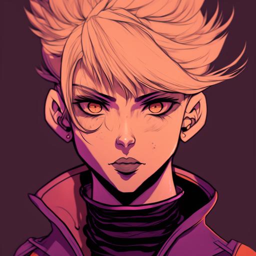 Portrait of an androgynous character with blonde spiky hair tied in a ponytail and with bangs. Dark red eyes, serious expression, salmon shirt with turtle neck. Anime style, cell shading, line drawing, fully rendered. Purple atmosphere.