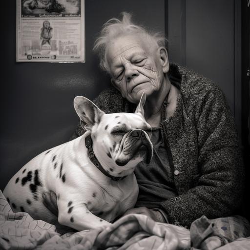 Portrait of an elderly person curled up in the corner of a supermarket entrance sleeping. She wears worn and dirty clothes. Black and white grunge style. Next to him a French bulldog with white fur with black spots is sleeping peacefully. --s 50 --v 5.0