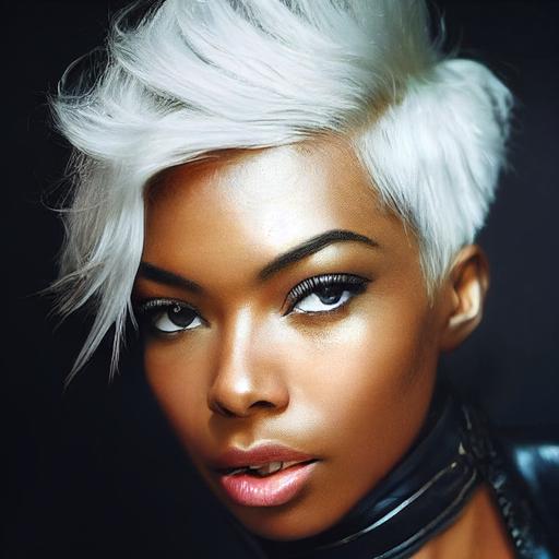 Portrait of female fantasy rogue “Eugena Washington”--2, “undercut short BRIGHT white hair”--2, ivory-white hair, coal dark complexion, wearing very tight kid leather jumpsuit, lace-up front, tight gloves, opened revealing a peek at her “Kate Upton-sized chest”--2, sword belt, professionally color graded, detailed body, cinematic lighting, Volumetric moon lighting, photorealistic eyes, finely detailed skin, realistic skin, hyper-realism, round sharp catch light, cinematic lighting, photorealistic, photography, sleek, soft feminine face, detailed, dramatic shadows, filmic, octane render, hyper-detail, 80mm, depth of field, dramatic lighting, volumetric lighting, hyper detail, photorealistic face, unreal 5, cinematic 8k, shot on film  --testp --upbeta