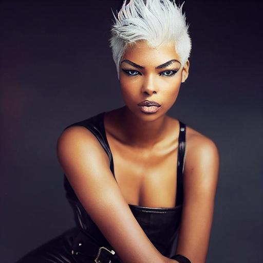 Portrait of female fantasy rogue “Eugena Washington”--2, “undercut short BRIGHT white hair”--2, ivory-white hair, coal dark complexion, wearing very tight kid leather jumpsuit, lace-up front, tight gloves, opened revealing a peek at her “Kate Upton-sized chest”--2, sword belt, professionally color graded, detailed body, cinematic lighting, Volumetric moon lighting, photorealistic eyes, finely detailed skin, realistic skin, hyper-realism, round sharp catch light, cinematic lighting, photorealistic, photography, sleek, soft feminine face, detailed, dramatic shadows, filmic, octane render, hyper-detail, 80mm, depth of field, dramatic lighting, volumetric lighting, hyper detail, photorealistic face, unreal 5, cinematic 8k, shot on film --testp --upbeta