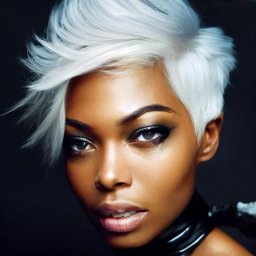 Portrait of female fantasy rogue “Eugena Washington”--2, “undercut short BRIGHT white hair”--2, ivory-white hair, coal dark complexion, wearing very tight kid leather jumpsuit, lace-up front, tight gloves, opened revealing a peek at her “Kate Upton-sized chest”--2, sword belt, professionally color graded, detailed body, cinematic lighting, Volumetric moon lighting, photorealistic eyes, finely detailed skin, realistic skin, hyper-realism, round sharp catch light, cinematic lighting, photorealistic, photography, sleek, soft feminine face, detailed, dramatic shadows, filmic, octane render, hyper-detail, 80mm, depth of field, dramatic lighting, volumetric lighting, hyper detail, photorealistic face, unreal 5, cinematic 8k, shot on film --testp --upbeta