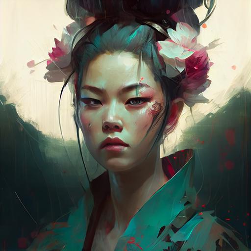 Portrait of futuristic woman geisha, ciberpunk cabon suit, with rose in the hair and white face, turuoise ambient light, art by jeremy mann --v 4 --q 2 --upbeta