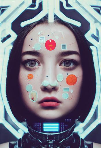 Portrait of girl face features, tongue, slant angle, biting lip, full of stickers, stickers on body, bangs, shining eyes, white cybernetic facial details, urban plastic, future human, futuristic visual in chrome, neon, machine girl, ceramic robot, unreal engine 5, perfectly symmetrical, depth of field, black armor, cyberpunk, cinematic, 4k, 8k, octane render --ar 9:16  --test --upbeta