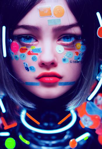 Portrait of girl face features, tongue, slant angle, biting lip, full of stickers, stickers on body, bangs, shining eyes, white cybernetic facial details, urban plastic, future human, futuristic visual in chrome, neon, machine girl, ceramic robot, unreal engine 5, perfectly symmetrical, depth of field, black armor, cyberpunk, cinematic, 4k, 8k, octane render --testp --ar 2:3 --upbeta