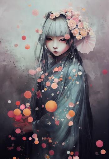 Portrait of japanese girl in ghost halloween costume, heart eye cutouts, gorgeous anime eyes, glitter, confetti, light pastel colors, peach pink, details, painted by artgerm, Akihiko yoshida, krenz cushart, hr giger, ultra high details, Cinematic lightning, volumetric, photorealistic, 90mm --ar 2:3 --test --creative