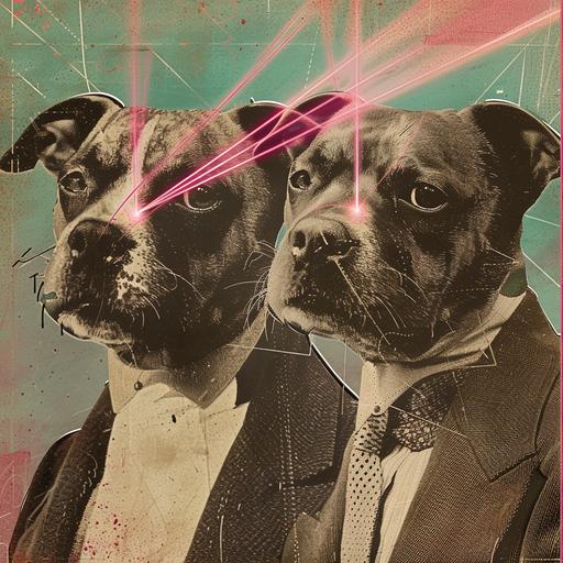 Portrait of two dogs in suit jackets with lasers coming out of their eyes collage style