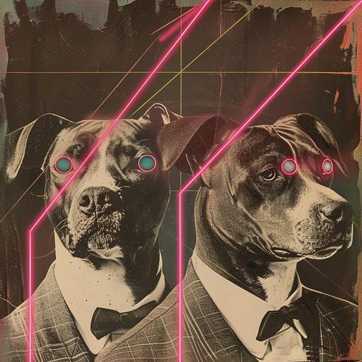 Portrait of two dogs in suit jackets with lasers coming out of their eyes collage style