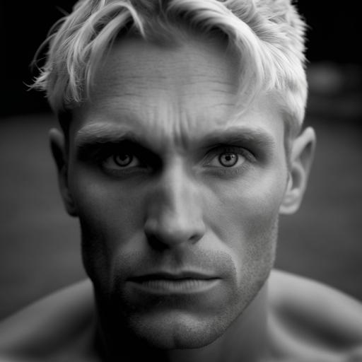 Portrait photography black and white. Blond Spanish man with blue eyes. 40 years old. No wrinkles