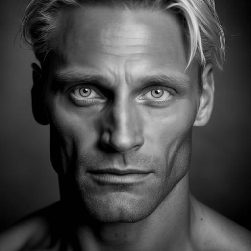 Portrait photography black and white. Blond Spanish man with blue eyes. 40 years old. No wrinkles
