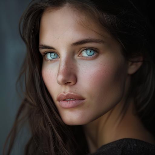 Portrait photography of a stunning brunette woman with blue eyes, soft Rembrandt lighting, Canon EOS 5D Mark IV, eye-level angle, realistic quality. --v 6.0