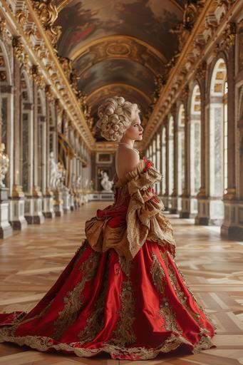 Portrait photography, realistic photo of Marie Antoinette in a red and gold gown, standing in an opulent palace, professional portrait photography, --ar 2:3