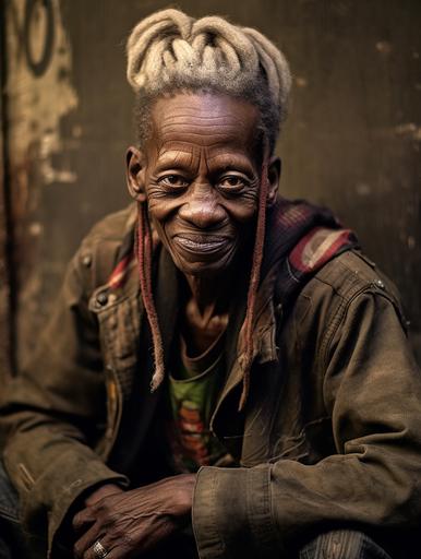Portrait, very skinny africain woman homeless 60 years old, 45kg. toothless smile The face marked by the blows and suture straps on the brow bone. transparent eye, shaggy and tatoos. sitting in a parisian abandoned warehouse with graffitis. he is very dirty and his face eaten away by the years of hardship, black and white photography, very detailed 8k, strong contrast, ISO 400 grainy inspired by Guillaume Lejeas --ar 3:4