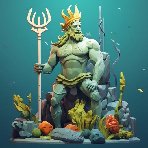 Poseidon statue, abandoned, wreck, underwater, wearing a New Year's hat , trident in hand, algae and fish, flat, friendly 3d cartoon style