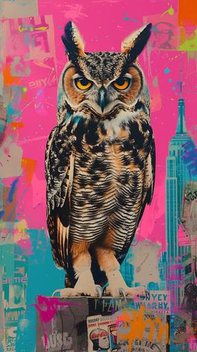 Position a horned owl in an Andy Warhol inspired modern New York Cityscape. The background should be a mosaic of neon colors like hot pink, electric blue, and lime green, featuring iconic elements like Campbell’s soup cans, Marilyn Monroe portraits, and bold text graphics, encapsulating Warhol's pop art ethos. --v 6.0 --s 250 --style raw --ar 9:16