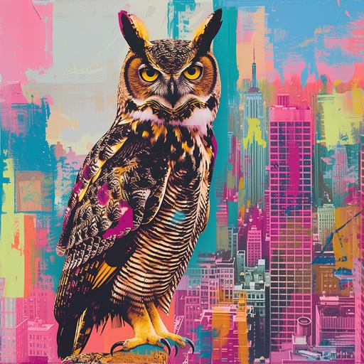 Position a horned owl in an Andy Warhol inspired modern New York Cityscape. The background should be a mosaic of neon colors like hot pink, electric blue, and lime green, featuring iconic elements like Campbell’s soup cans, Marilyn Monroe portraits, and bold text graphics, encapsulating Warhol's pop art ethos. --v 6.0 --s 250 --style raw