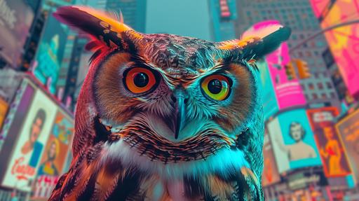 Position a horned owl in an Andy Warhol inspired modern New York Cityscape. The background should be a mosaic of neon colors like hot pink, electric blue, and lime green, featuring iconic elements like Campbell’s soup cans, Marilyn Monroe portraits, and bold text graphics, encapsulating Warhol's pop art ethos. --v 6.0 --s 250 --style raw --ar 16:9