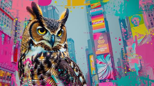 Position a horned owl in an Andy Warhol inspired modern New York Cityscape. The background should be a mosaic of neon colors like hot pink, electric blue, and lime green, featuring iconic elements like Campbell’s soup cans, Marilyn Monroe portraits, and bold text graphics, encapsulating Warhol's pop art ethos. --v 6.0 --s 250 --style raw --ar 16:9