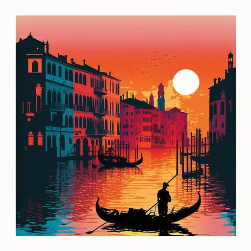 Poster: colorful surreal travel poster of Grand Canal (Canale Grande) in Venice, Italy, sunset stricking colors. add elements of a person rowing a traditional gandola Do NOT add to a wall, just a poster