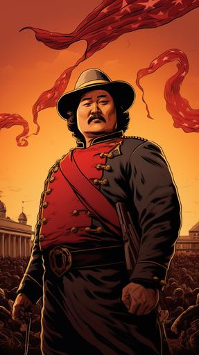Poster illustration for movie where Bobby Lee is a confederate general in the civil war, cartoon style, must look like bobby lee, --ar 9:16