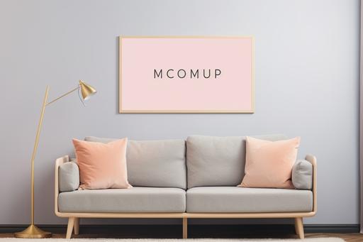 Poster mockup with horizontal frame on empty wall in living room interior with pink sofa and multi-colored pastel pillows. 3D rendering --ar 3:2