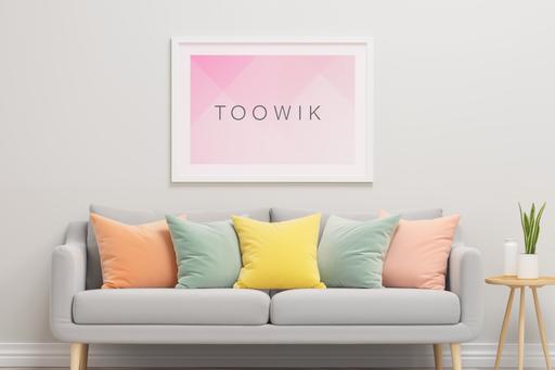 Poster mockup with horizontal frame on empty wall in living room interior with pink sofa and multi-colored pastel pillows. 3D rendering --ar 3:2