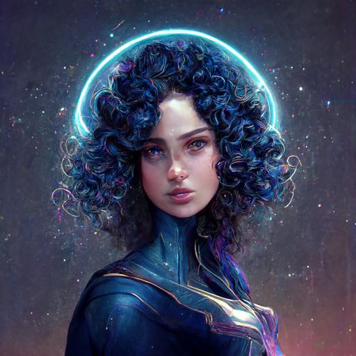 queen of the priesress, youthful attractive, smooth long dark blue curly hair, halo and nebula 🌌 flowing out of her hair, artgerm, portrait, muted colors, character design, character concept art, matte painting
