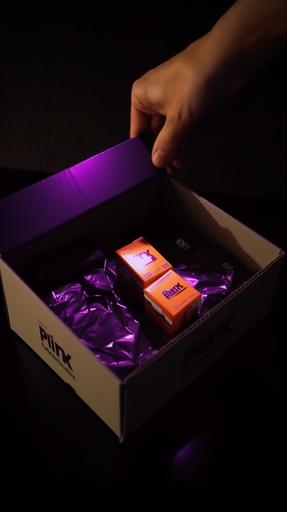Pov from a person looking down at an opened fedex box with with an opned munchkin box from dunkin inside of it with a little tiny leather purse inside of the munchkin box that has a little index card sized note on it studio lit 8k --v 5.0 --ar 9:16