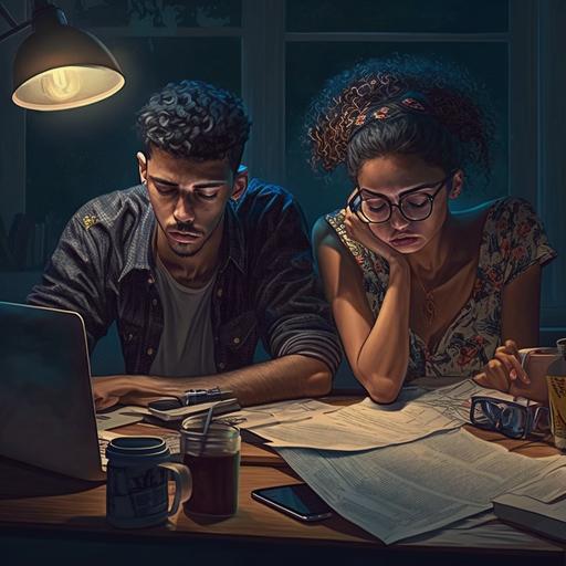night, just graduated young brazilian man and woman tired of being looking for job oportunities at their computer and smartphone, realistic, bills over the table