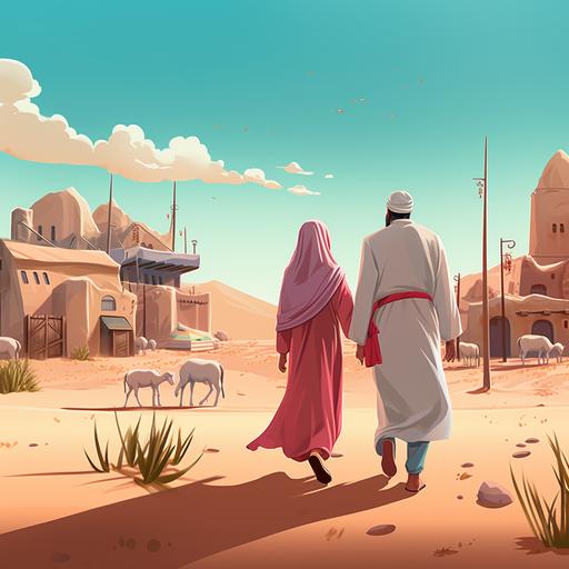 Pregnant Muslim woman walking side by side with a sheepherder, in a small desert town, cartoon style, 3d