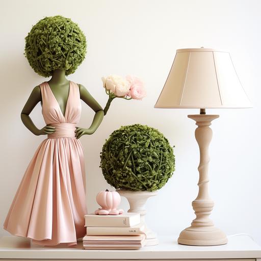 Pretty Desk topiary and lamp, feminine aesthetic,