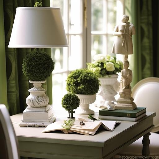 Pretty Desk topiary and lamp, feminine aesthetic,