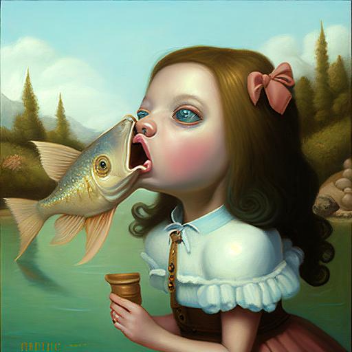 Pretty girl spitting a big fish out of her mouth, all on screen, mid-body shot, oil painting by Mark Ryden --v 4