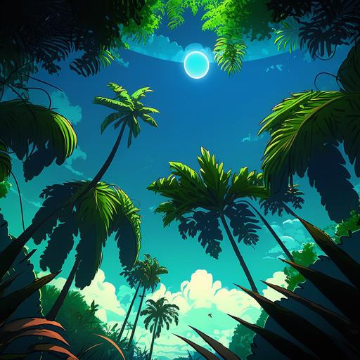Blue sky, jungle palm tree tops. Cartoon, anime