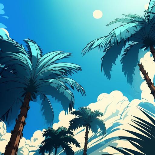 Blue sky, jungle palm tree tops. Cartoon, anime