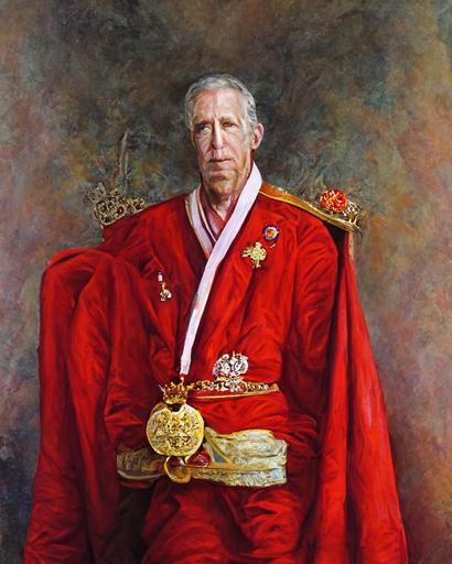Prince Charles, full body shot, royal portrait, red and white robes, cane, full suit, military decorations, medals. royal crown on red pillow. posed portrait. --ar 17:22 --v 3