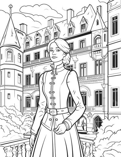 Princess Astrid in a Belgian castle courtyard, coloring page, 2d outlined, clean and thick lines, black background, less elements, --ar 17:22