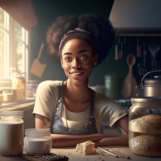 beautiful teen black girl showing off her baking in her superb kitchen, beautiful, ultra high detail, sunny day, serene, proud, no hands, 8k --v 4