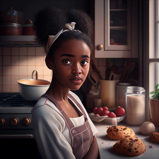 beautiful teen black girl showing off her baking in her superb kitchen, beautiful, ultra high detail, sunny day, serene, proud, no hands, 8k --v 4