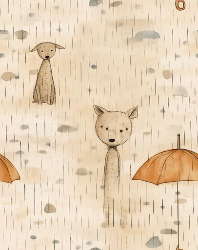 Printable,,A captivating full body caricature of dog with cat under the umbrella, rain drops, reimagined in the style of jon Klassen, Sam Toft, modern sketches and dynamic linework characteristic, brown texture , seamless, --v 5.2 --ar 11:14 --tile