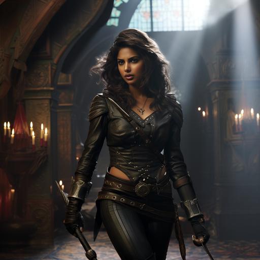 Priyanka Chopra as a dungeons and dragons rogue thief character, wearing medieval sleeveless black leather, tight clothing, wielding a curved dagger, fantasy background