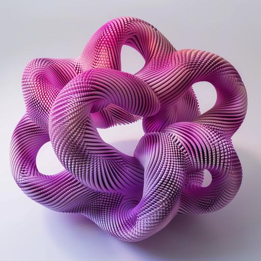 Produce a 3D digital model of a knotted loop structure with a continuous and flowing design. The model should feature a soft pink to deep magenta gradient, with the intensity of color deepening towards the center of the loops. Each segment of the loop should have pronounced horizontal ridges, giving it the appearance of being crafted from soft, rubber-like material. The structure should interlock with itself in a harmonious and symmetrical pattern that suggests infinity and continuity. The background should be clean and white to keep the focus on the intricate form and its playful colors. Lighting should be subtle, highlighting the ridges and adding depth to the overall design