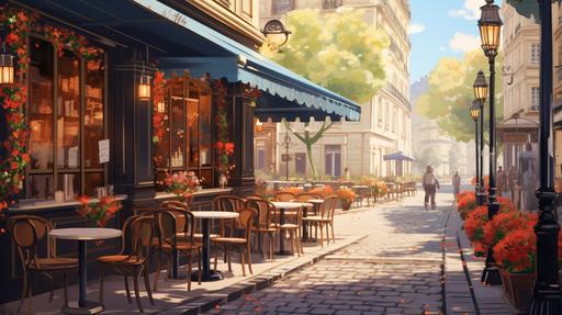 Produce a LOFI image of a Parisian cafe with outdoor seating and cobblestone streets, --ar 16:9