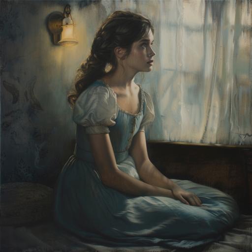 Produce a captivating oil painting of Disney's Wendy Darling in a dim bedroom, emphasizing her grace and adventurous spirit. Opt for a high-resolution (4K) rendering with nuanced colors and fine details to convey the character's warmth and charm. muted and moody. vintage oil on canvas. textured with strokes. --v 6.0
