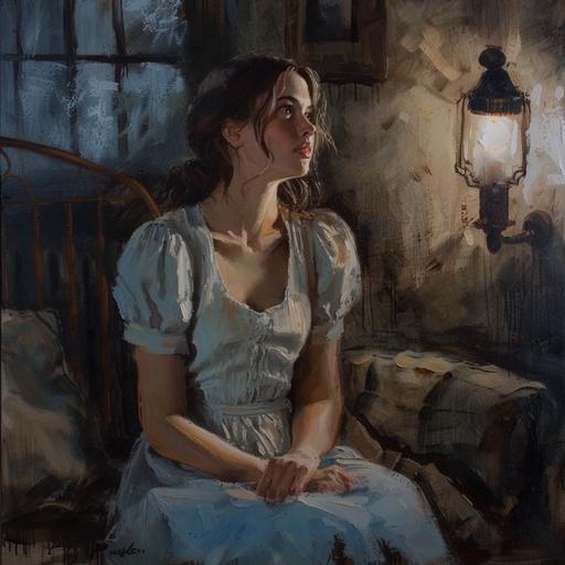 Produce a captivating oil painting of Disney's Wendy Darling in a dim bedroom, emphasizing her grace and adventurous spirit. Opt for a high-resolution (4K) rendering with nuanced colors and fine details to convey the character's warmth and charm. muted and moody. vintage oil on canvas. textured with strokes. --v 6.0