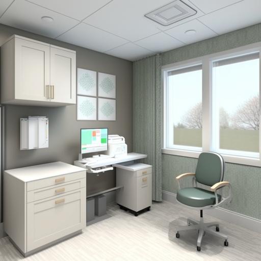 Produce an 8k rendering of a comfortable and functional neurology clinic exam room. Display adjustable exam tables with cushioned surfaces, accessible storage for medical equipment and supplies, walls painted in soft, neutral colors, calming artwork, large windows with adjustable blinds for privacy, and state-of-the-art diagnostic tools such as an electroencephalogram (EEG) machine. Also, illustrate telemedicine capabilities with a wall-mounted screen for video consultations, and computer systems for electronic medical records. Ensure the room has a well-organized and professional appearance--v5--stylize100