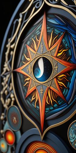Product Photo, close up detail, A stained glass diorama designed by Paul Laffoley and Tiffany and James Jean --ar 1:2 --v 4